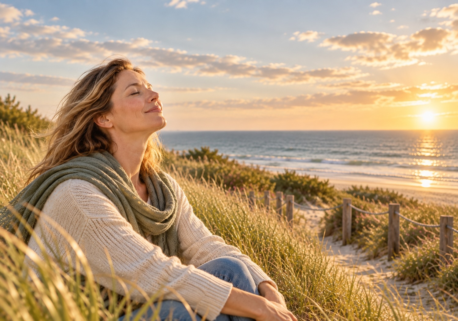 Entspannte Frau in den Dünen am Meer – Hypnose bei Allergie, Stress und innerer Anspannung in Cuxhaven