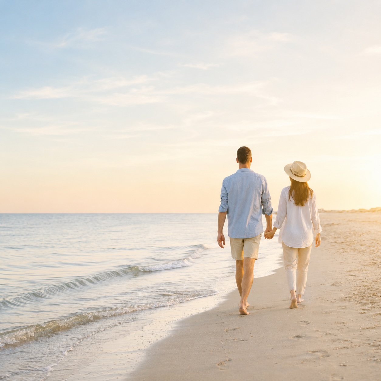Ein Paar geht entspannt Hand in Hand am Strand entlang – Sinnbild für Vertrauen, Partnerschaft und Hypnose bei sexuellen Funktionsstörungen in Cuxhaven