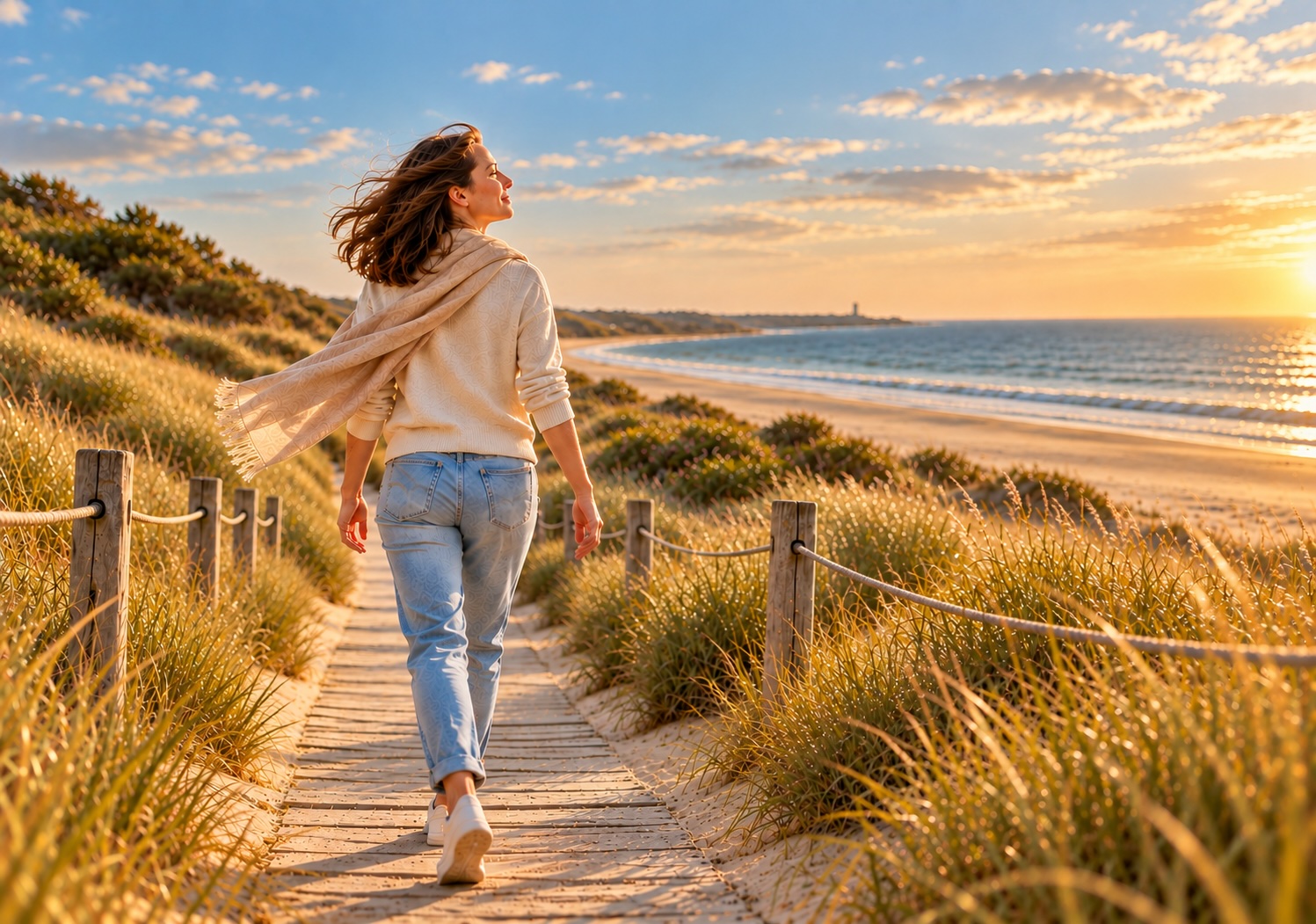 Frau auf einem Dünenweg am Meer – Stress und innere Anspannung bei Asthma