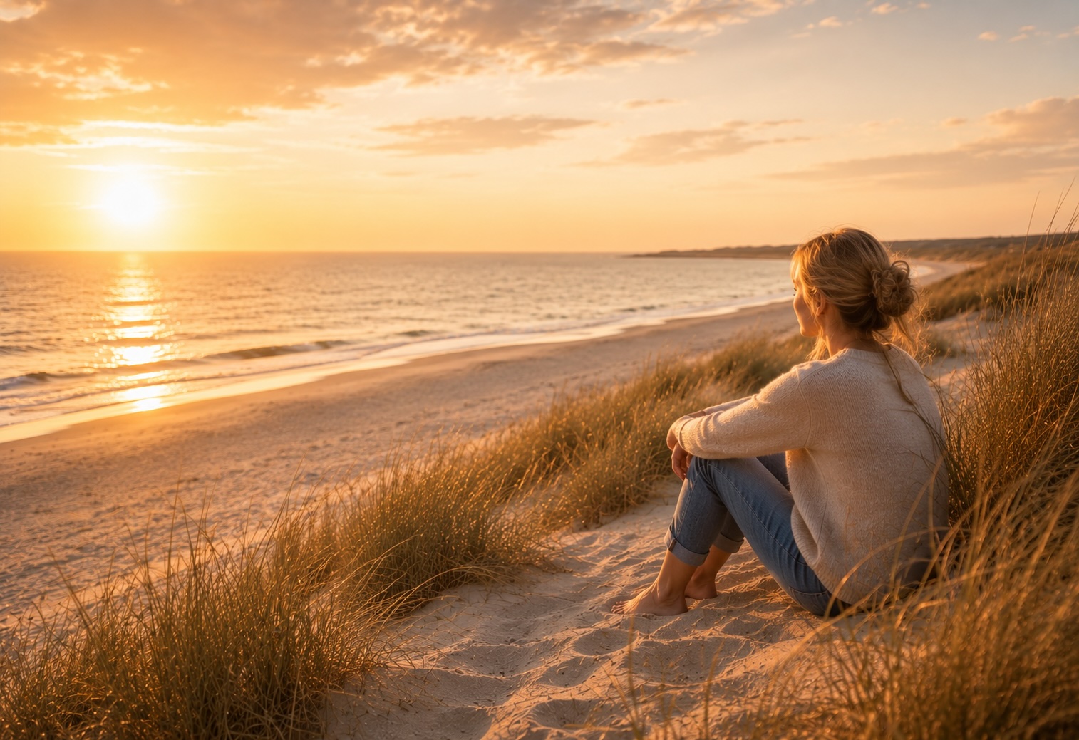 Frau sitzt entspannt in den Dünen und blickt aufs Meer – Hypnose bei Burnout im Hypnosezentrum Cuxhaven