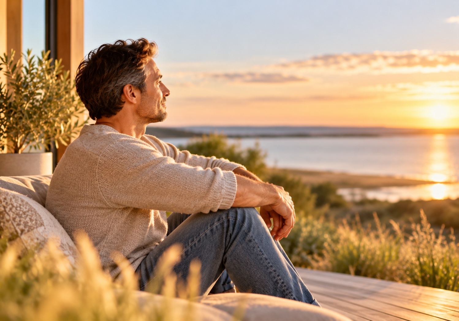 Mann in ruhiger Atmosphäre – innere Balance bei stressbedingten Hautreaktionen.