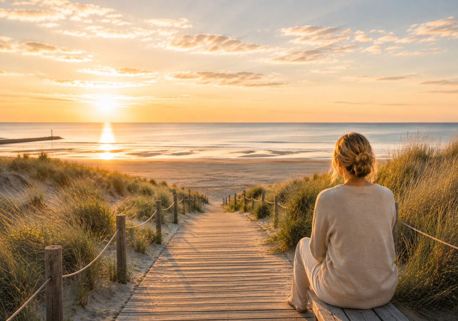 Frau blickt ruhig über die Dünen – Symbolbild für Hypnose bei Angst im Hypnosezentrum Cuxhaven