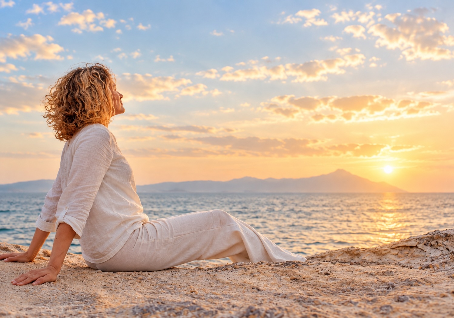 Entspannte Frau am Meer bei Sonnenuntergang – Hypnose bei chronischen Schmerzen im Hypnosezentrum Cuxhaven