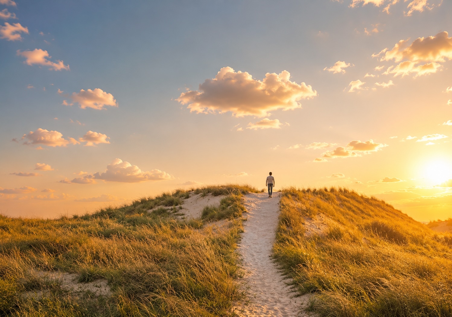 Person geht einen Dünenweg bergauf als Symbol für neue Perspektiven und ursachenorientierte Hypnosetherapie bei Depressionen im Hypnosezentrum Cuxhaven.