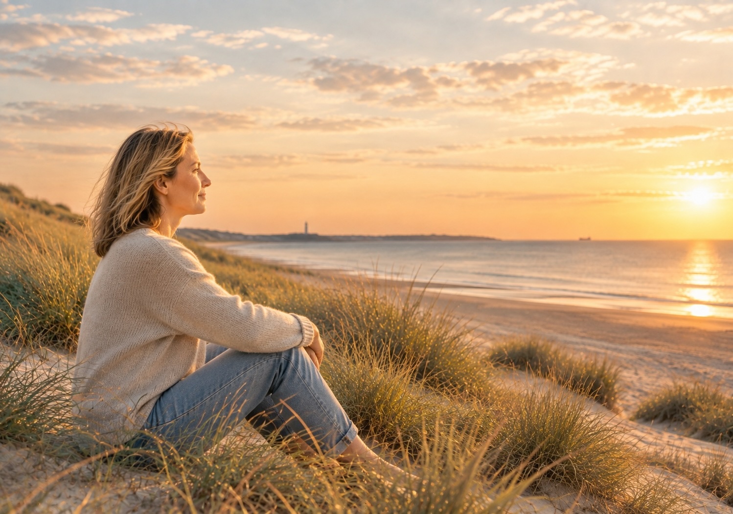 Frau sitzt ruhig in den Dünen und blickt aufs Meer – Hypnose bei innerer Unruhe in Cuxhaven