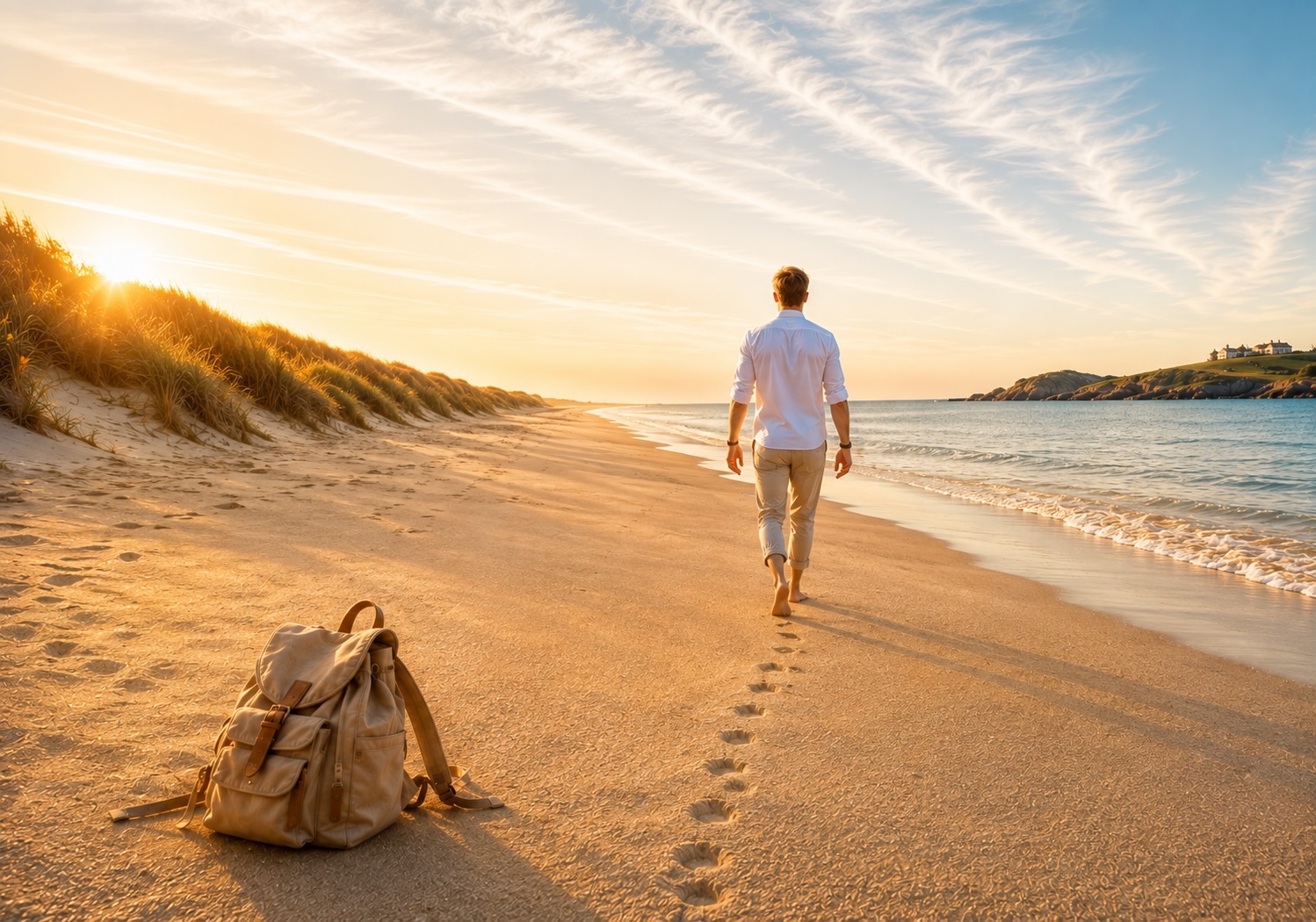 Mann geht ohne seinen abgelegten Rucksack am Strand entlang – Hypnose bei Burnout im Hypnosezentrum Cuxhaven