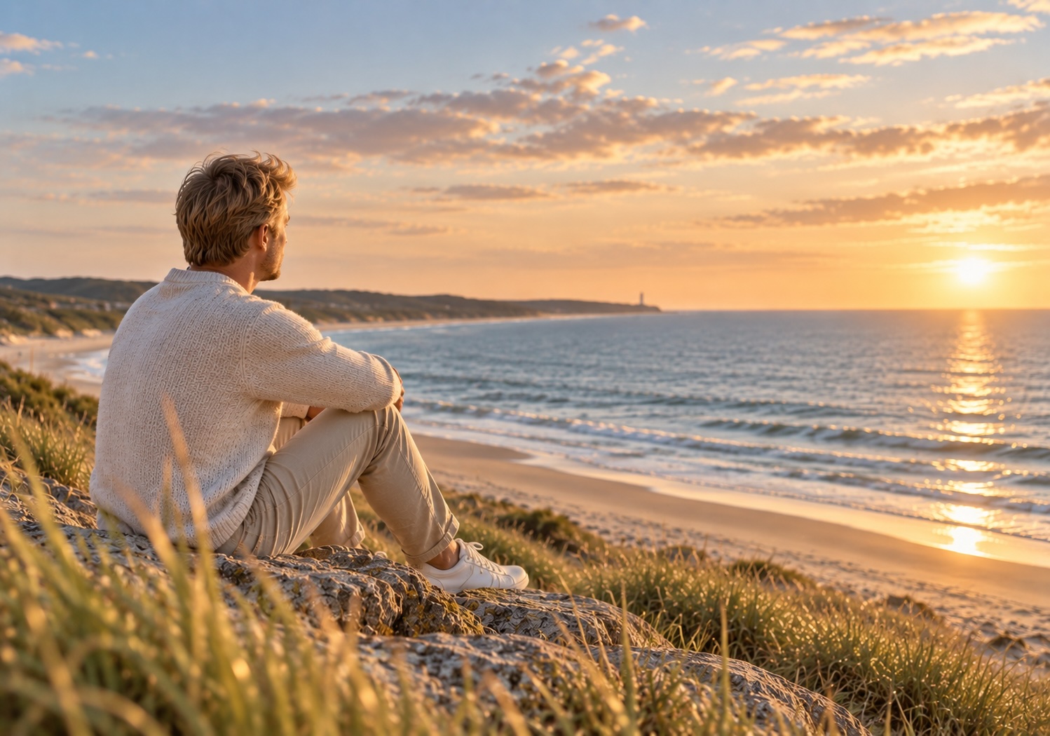 Blonder Mann blickt ruhig über das Meer – Hypnose bei Phobien in Cuxhaven
