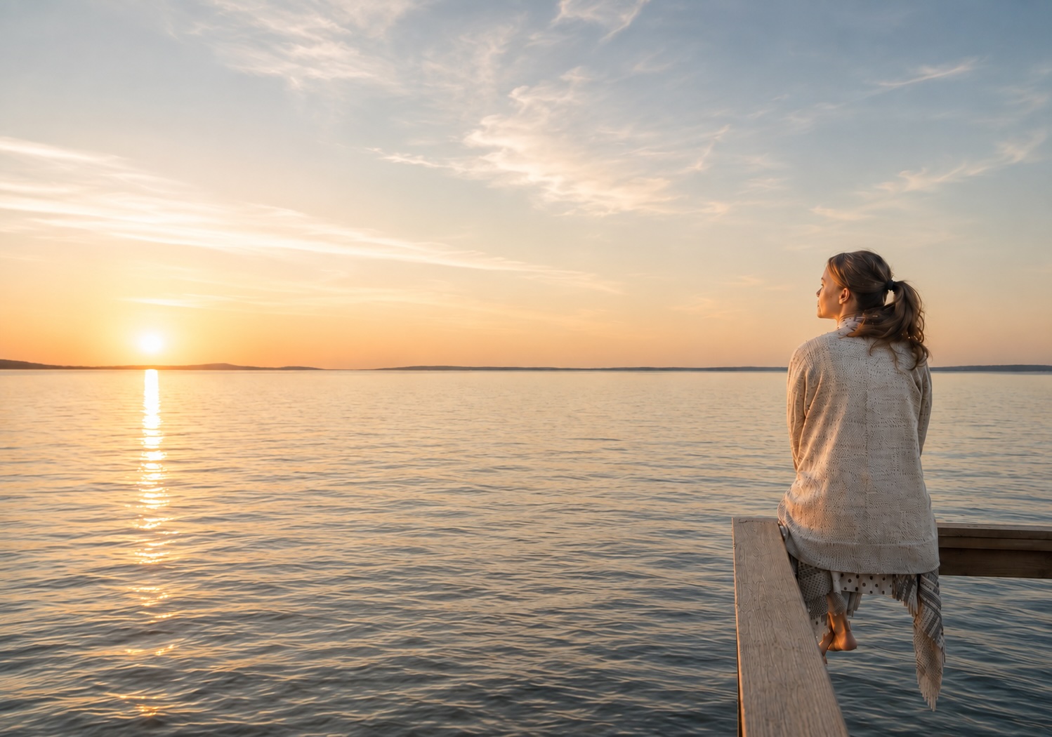 Frau blickt entspannt über das Wasser – Hypnose bei Stress im Hypnosezentrum Cuxhaven
