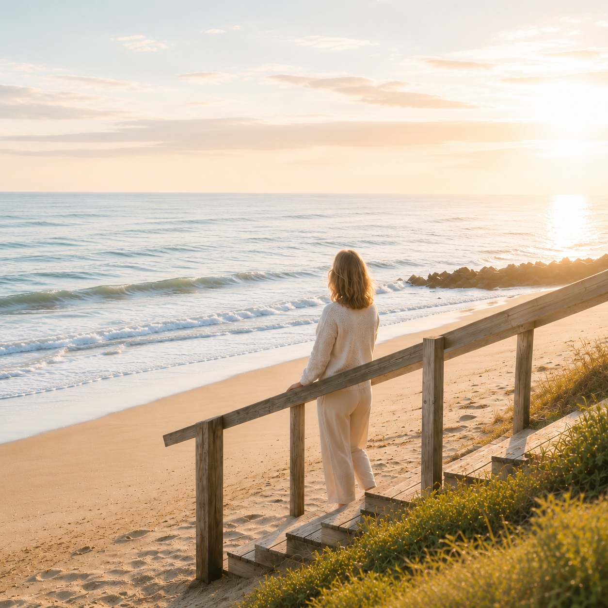Mensch auf einem Dünenweg am Meer – Symbol für persönliche Weiterentwicklung, neue Perspektiven und innere Stärke durch Hypnose.