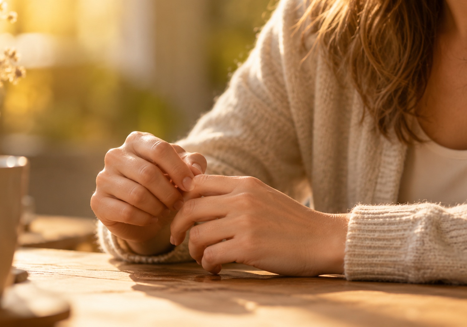 Frau berührt wiederholt ihre Finger – Symbol für Skin Picking und Hypnose bei Dermatillomanie in Cuxhaven
