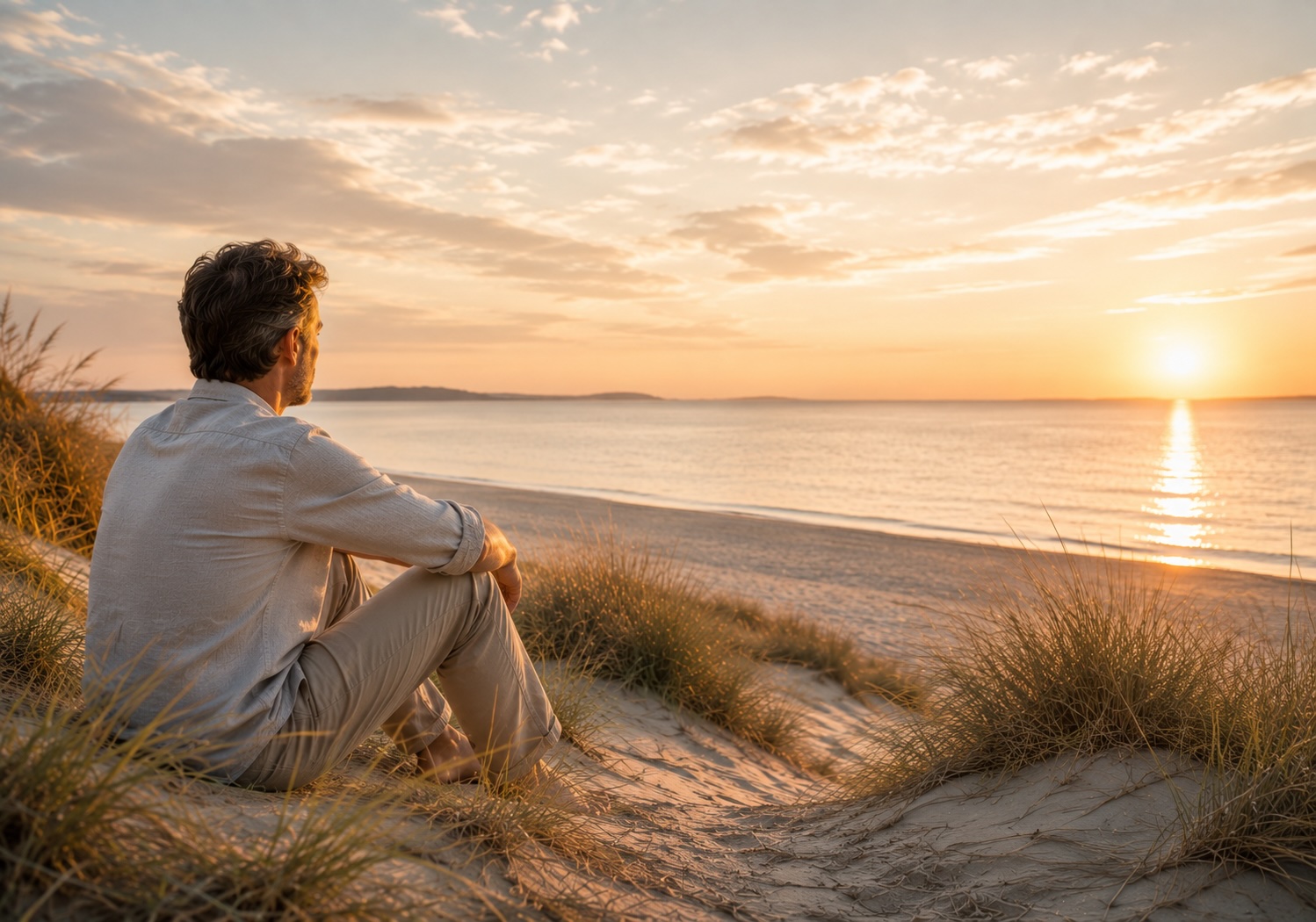 Mann sitzt entspannt in den Dünen am Meer – Stress abbauen mit Hypnose im Hypnosezentrum Cuxhaven
